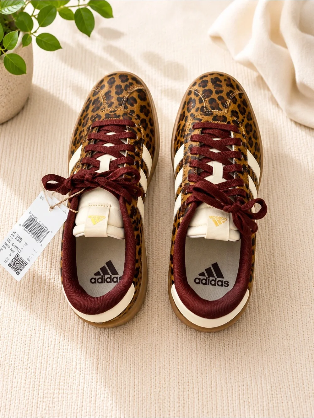 adidas Leopard Print Sneakers with Burgundy Laces and Cream Stripes - Picture 2 of 3